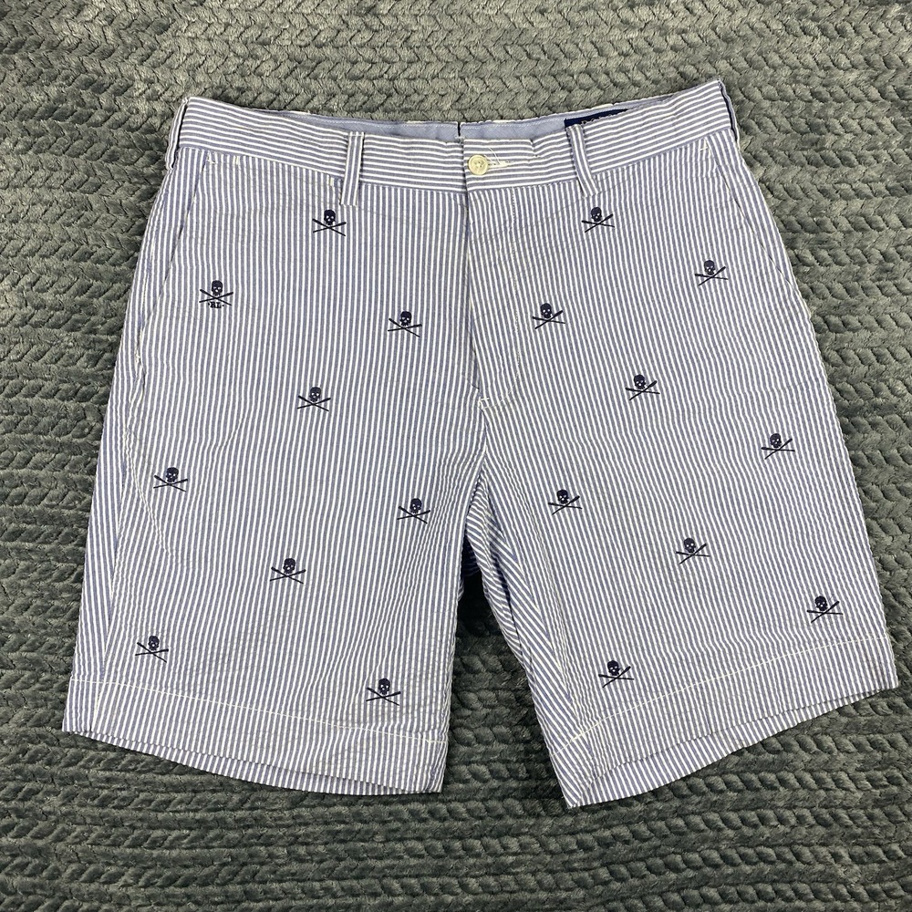 Polo Ralph Lauren Shorts Mens 32 Blue Stripe Skull Seersucker Chino Stretch